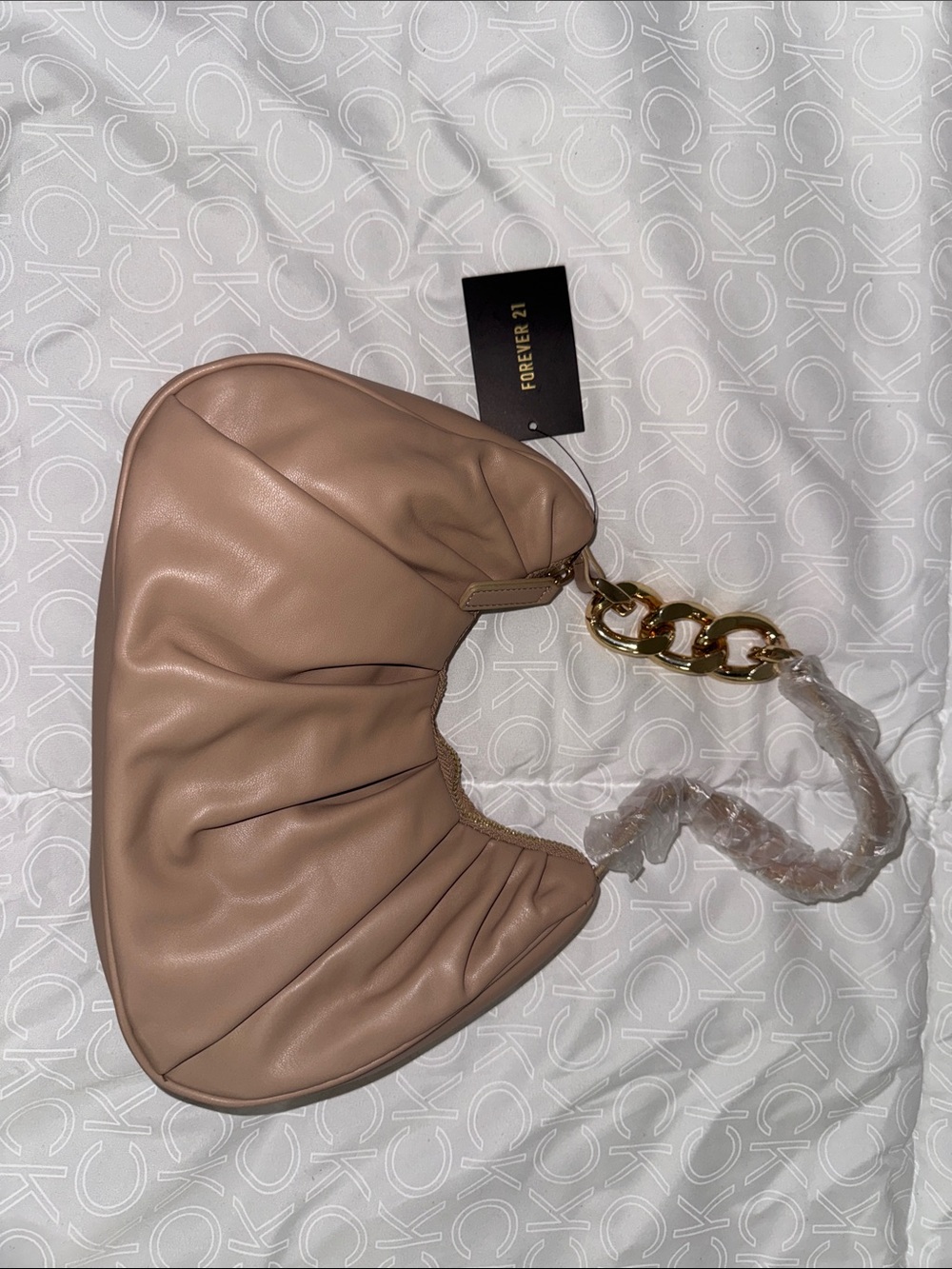 Forever 21 Nude Taupe Ruched Shoulder Bag with Gold Chain